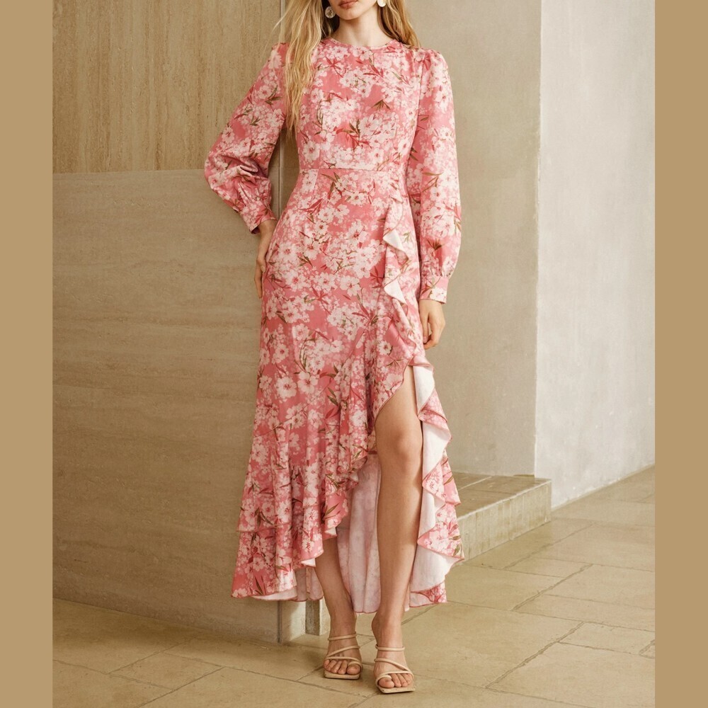 Pink Floral Print Ruffle Hem High Low Asymmetrical Long Sleeve Maxi Dress